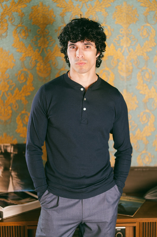 Pétrone henley côtelé homme manches longues confortable coton biologique tencel lyocell bleu marine