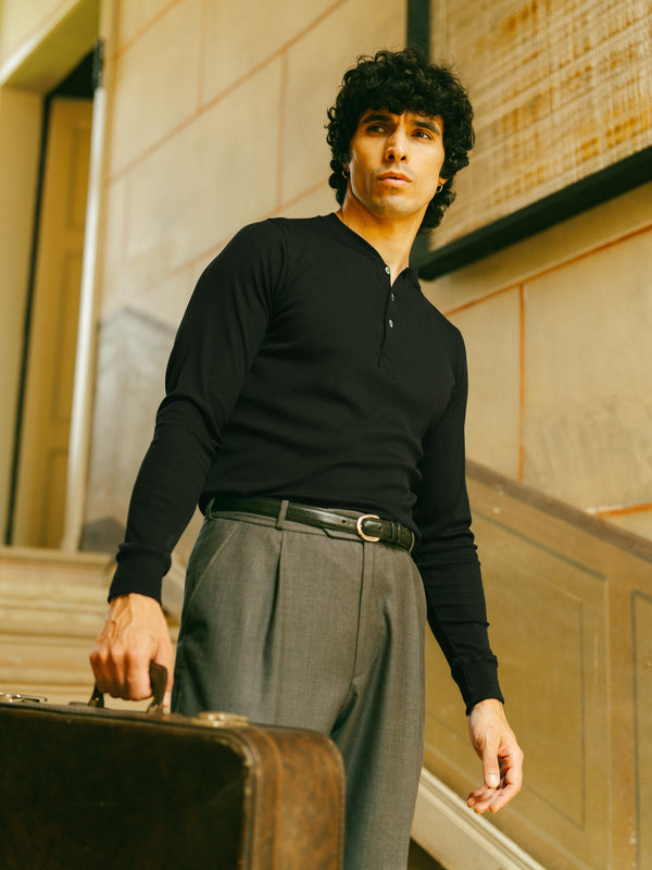 Pétrone henley côtelé homme manches longues confortable coton biologique tencel lyocell noir