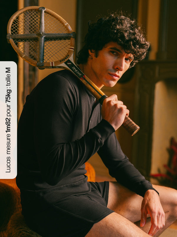 Pétrone henley côtelé homme manches longues confortable coton biologique tencel lyocell noir