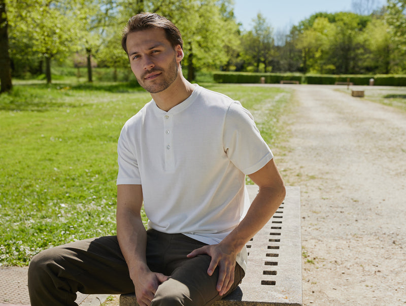 Pétrone Henley manches courtes coton bio tencel blanc crème homme