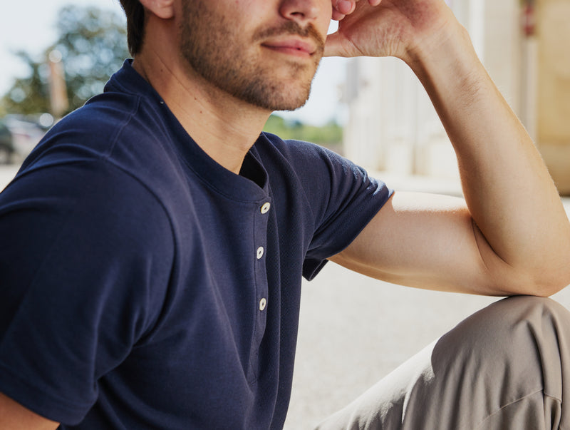 Pétrone Henley manches courtes coton bio tencel bleu marine homme