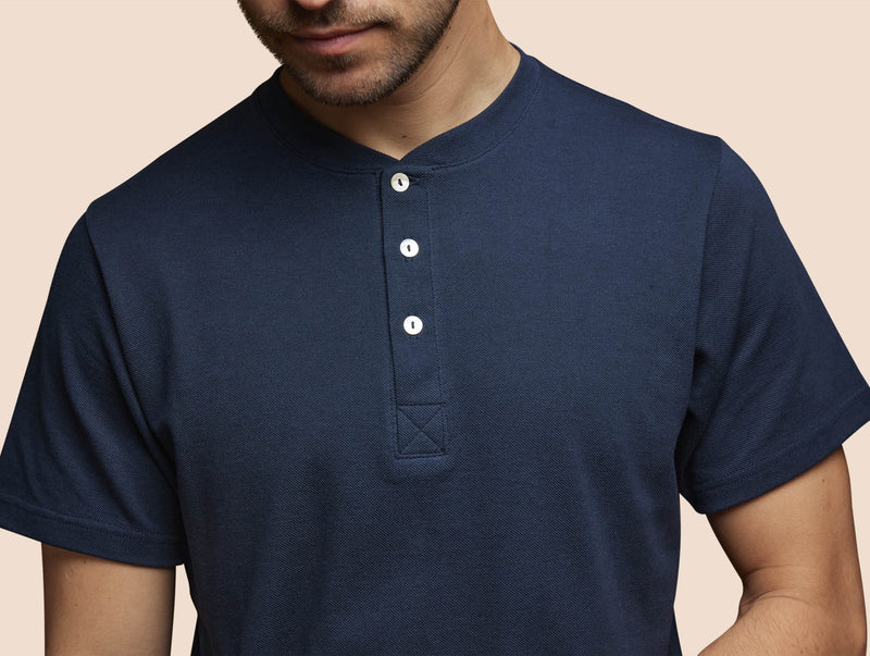 Pétrone Henley manches courtes coton bio tencel bleu marine homme
