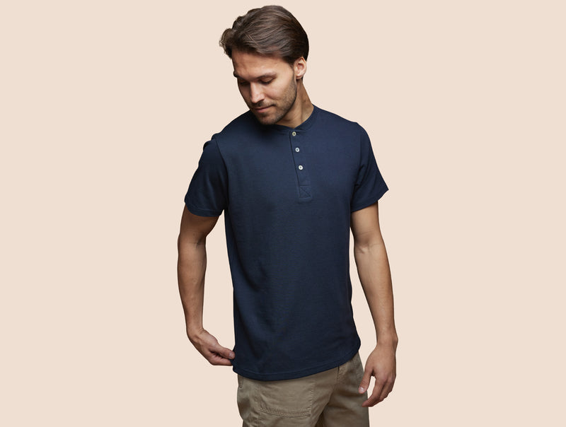 Pétrone Henley manches courtes coton bio tencel bleu marine homme