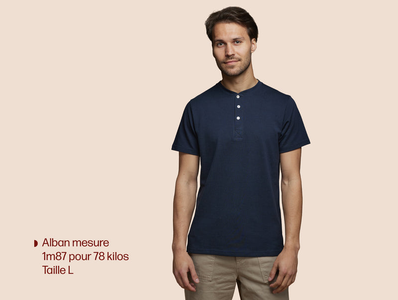 Pétrone Henley manches courtes coton bio tencel bleu marine homme