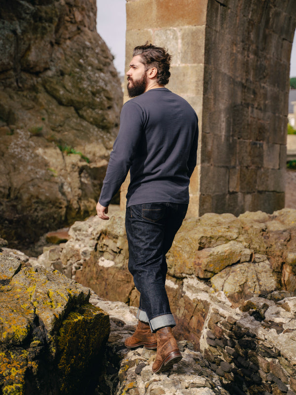 Pétrone Henley cormac manches longues coton bio bleu marine homme
