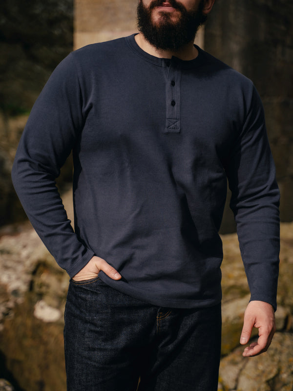Pétrone Henley cormac manches longues coton bio bleu marine homme