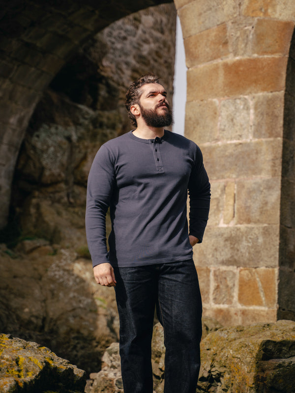 Pétrone Henley cormac manches longues coton bio bleu marine homme