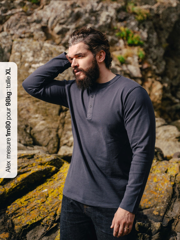 Pétrone Henley cormac manches longues coton bio bleu marine homme
