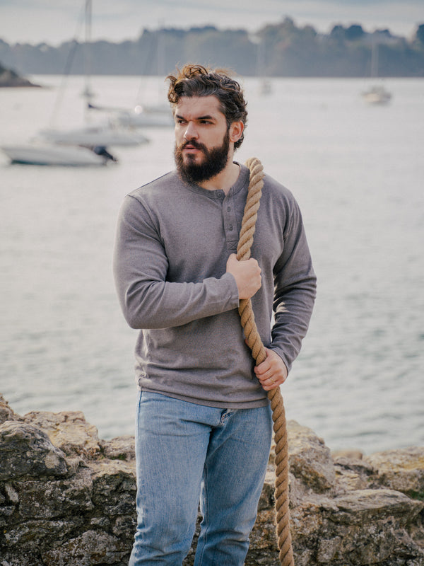 Pétrone Henley cormac manches longues coton bio gris moyen homme