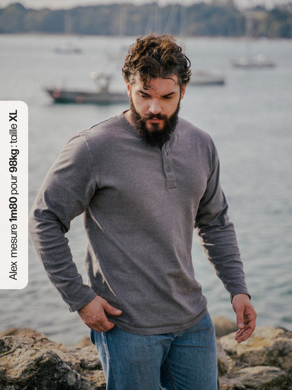 Pétrone Henley cormac manches longues coton bio gris moyen homme