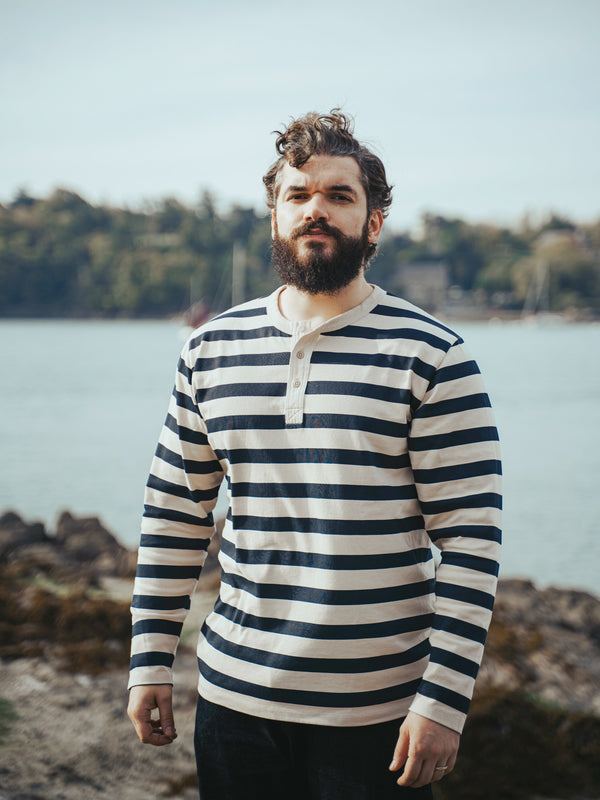 Pétrone Henley cormac manches longues coton bio marinière blanc crème homme