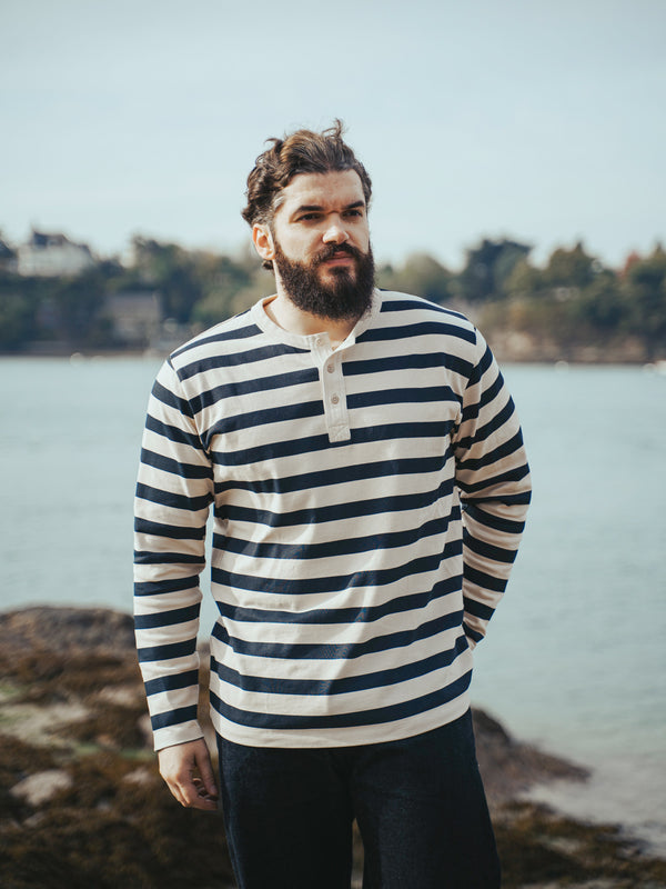 Pétrone Henley cormac manches longues coton bio marinière blanc crème homme