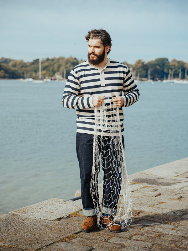 Pétrone Henley cormac manches longues coton bio marinière blanc crème homme
