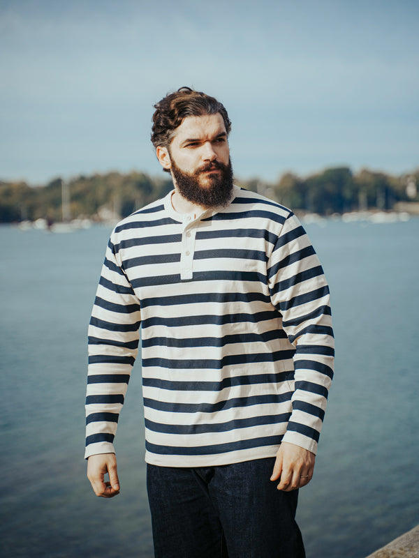 Pétrone Henley cormac manches longues coton bio marinière blanc crème homme