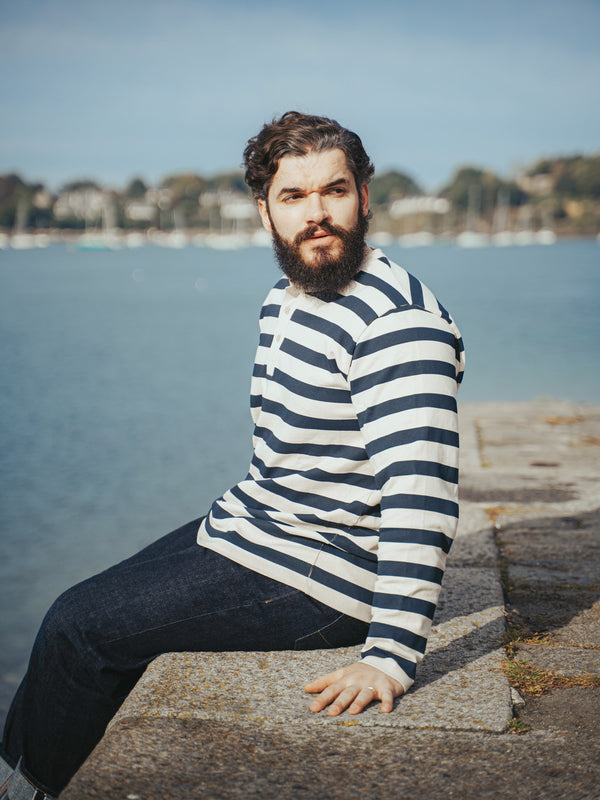 Pétrone Henley cormac manches longues coton bio marinière blanc crème homme