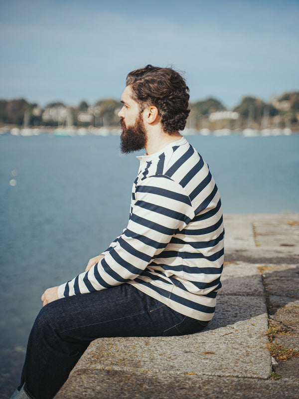 Pétrone Henley cormac manches longues coton bio marinière blanc crème homme