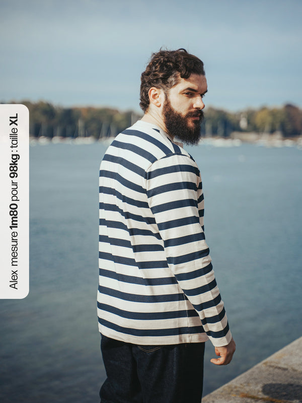 Pétrone Henley cormac manches longues coton bio marinière blanc crème homme
