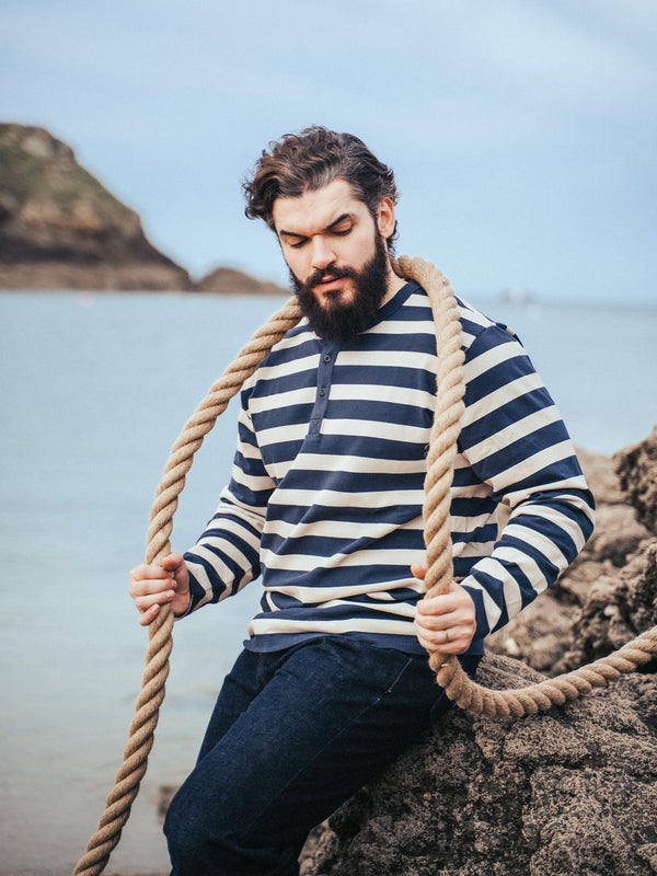 Pétrone Henley cormac manches longues coton bio marinière blanc crème bleu marine homme