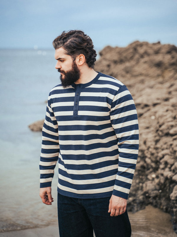 Pétrone Henley cormac manches longues coton bio marinière blanc crème bleu marine homme