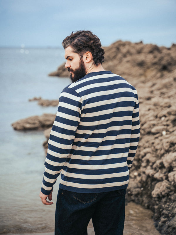 Pétrone Henley cormac manches longues coton bio marinière blanc crème bleu marine homme