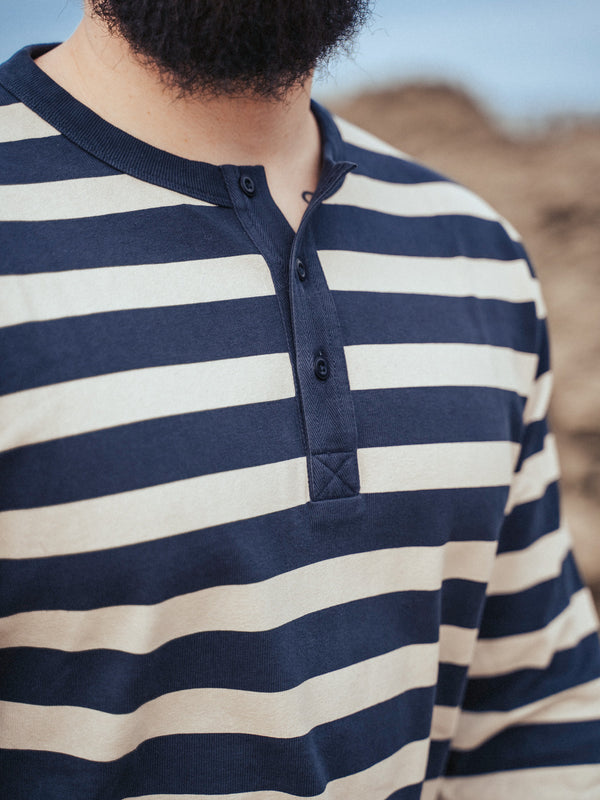 Pétrone Henley cormac manches longues coton bio marinière blanc crème bleu marine homme