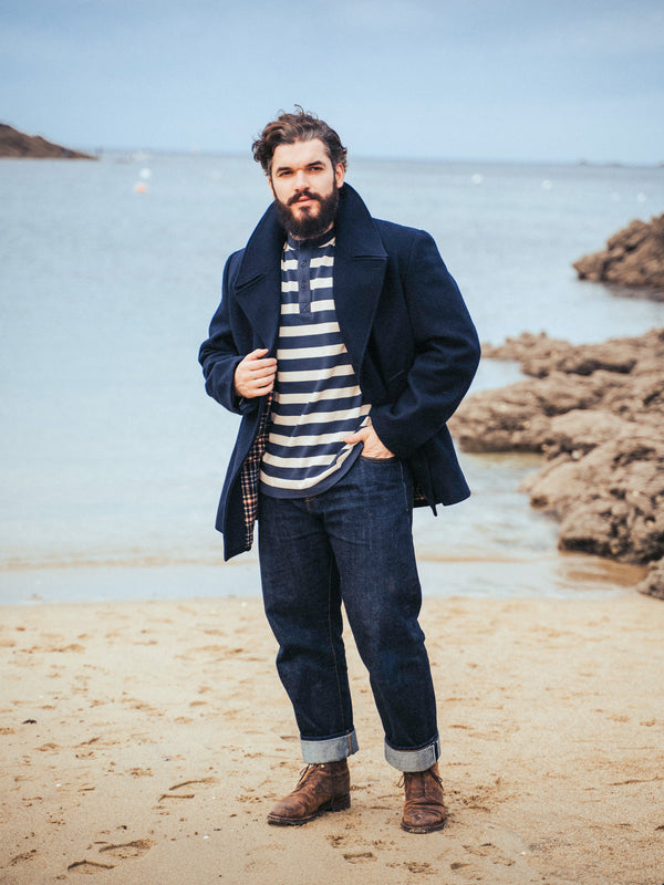 Pétrone Henley cormac manches longues coton bio marinière blanc crème bleu marine homme