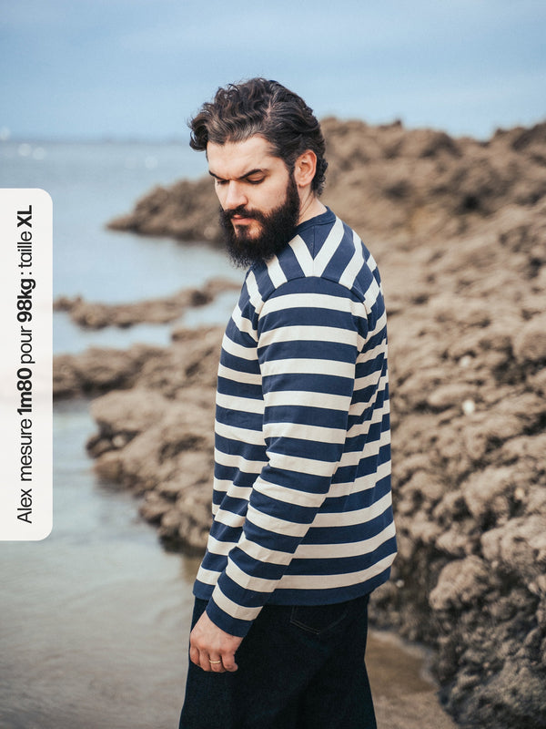 Pétrone Henley cormac manches longues coton bio marinière blanc crème bleu marine homme
