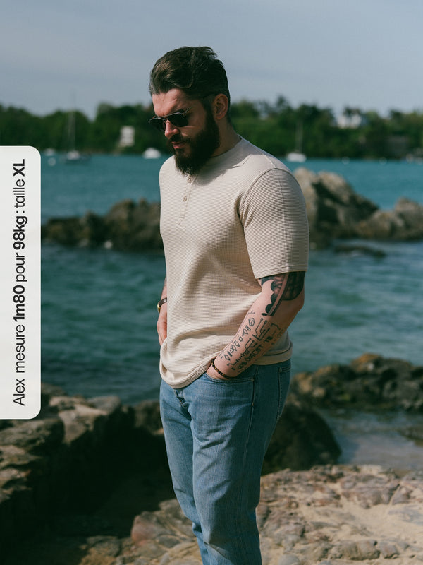 Pétrone Henley cormac manches courtes coton bio Tencel beige homme