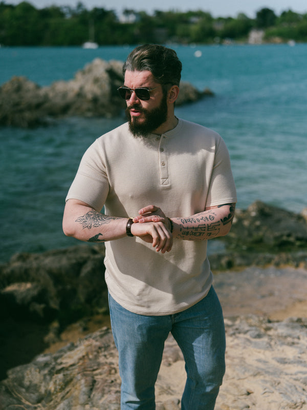 Pétrone Henley cormac manches courtes coton bio Tencel beige homme