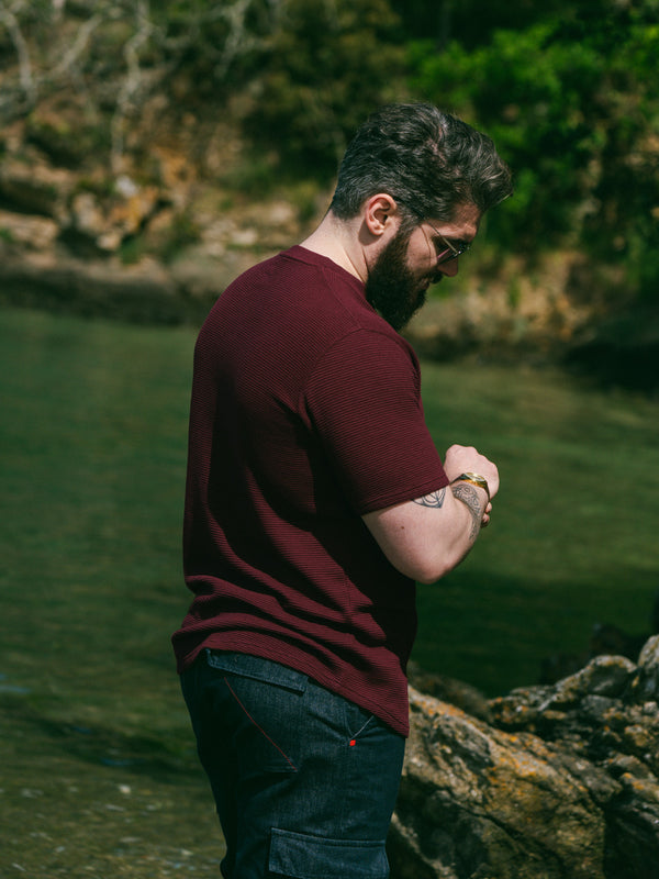 Pétrone Henley cormac manches courtes coton bio Tencel bordeaux foncé homme