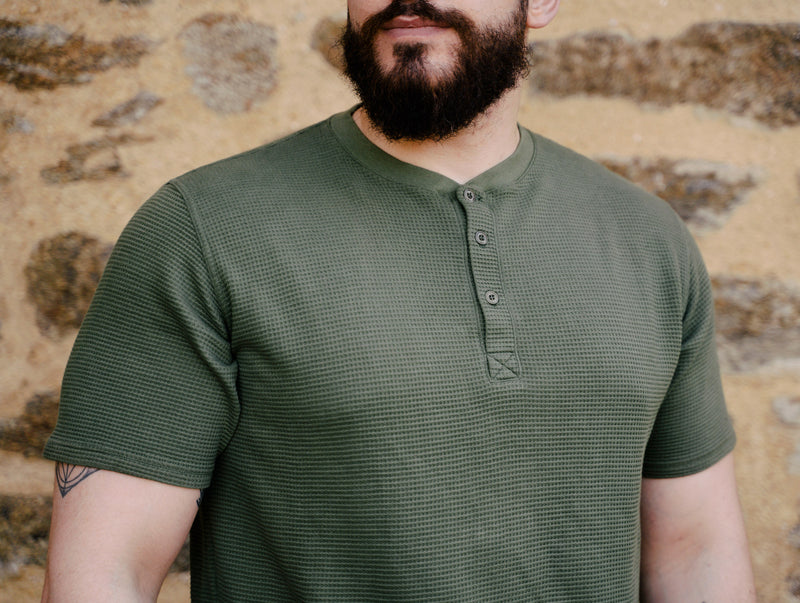 Pétrone Henley cormac manches courtes coton bio Tencel vert kaki homme