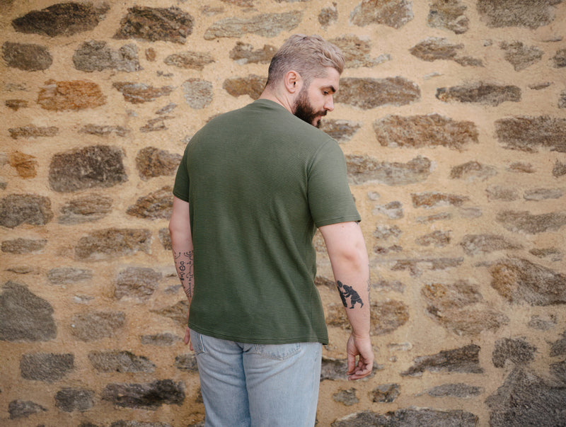Pétrone Henley cormac manches courtes coton bio Tencel vert kaki homme