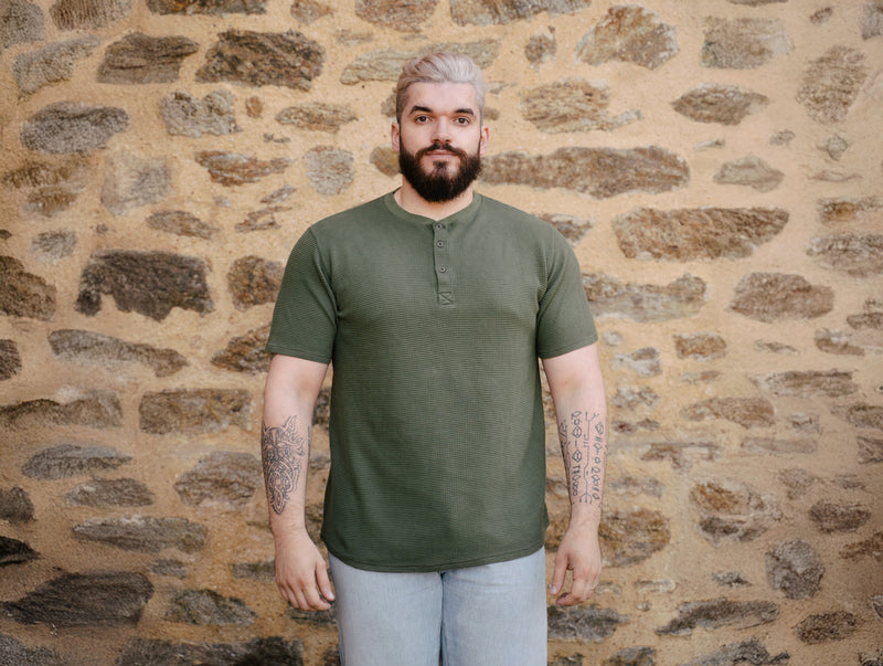 Pétrone Henley cormac manches courtes coton bio Tencel vert kaki homme