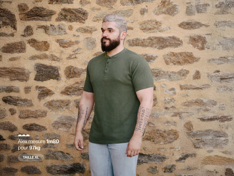 Pétrone Henley cormac manches courtes coton bio Tencel vert kaki homme