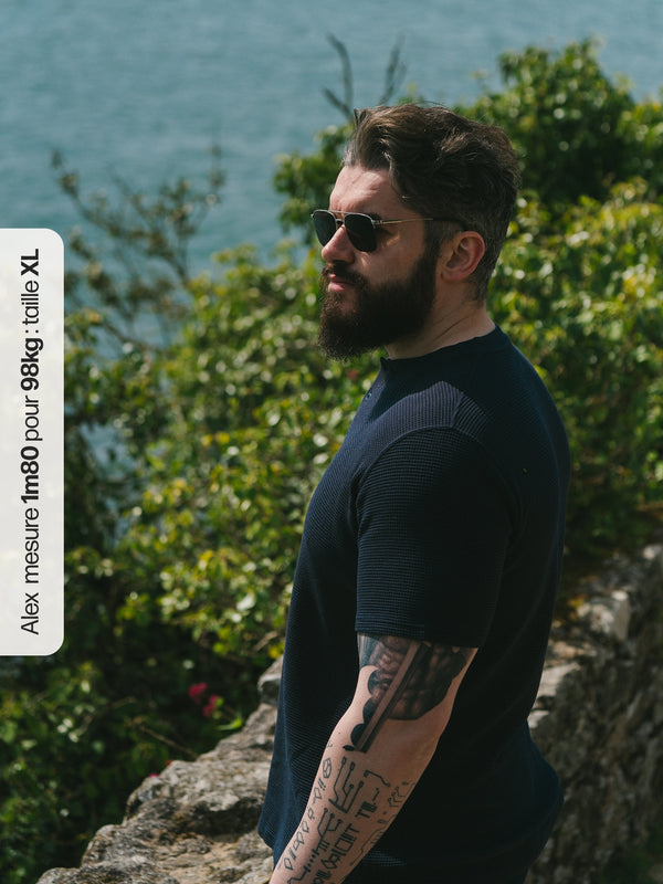 Pétrone Henley cormac manches courtes coton bio Tencel bleu marine homme