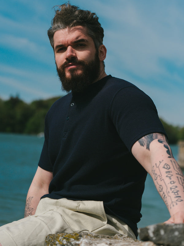 Pétrone Henley cormac manches courtes coton bio Tencel bleu marine homme
