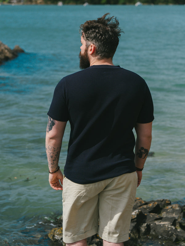 Pétrone Henley cormac manches courtes coton bio Tencel bleu marine homme
