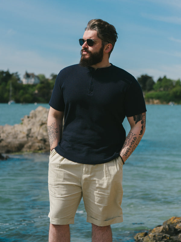Pétrone Henley cormac manches courtes coton bio Tencel bleu marine homme