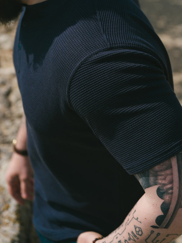 Pétrone Henley cormac manches courtes coton bio Tencel bleu marine homme