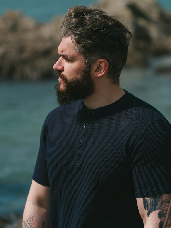 Pétrone Henley cormac manches courtes coton bio Tencel bleu marine homme