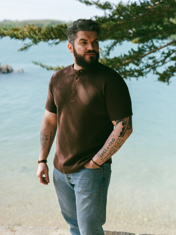 Pétrone Henley cormac manches courtes coton bio Tencel marron homme