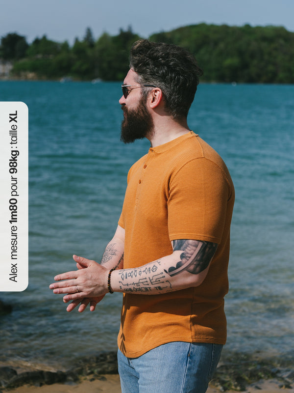 Pétrone Henley cormac manches courtes coton bio Tencel ocre homme