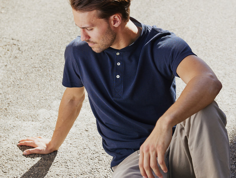 Pétrone Henley manches courtes coton bio tencel bleu marine homme