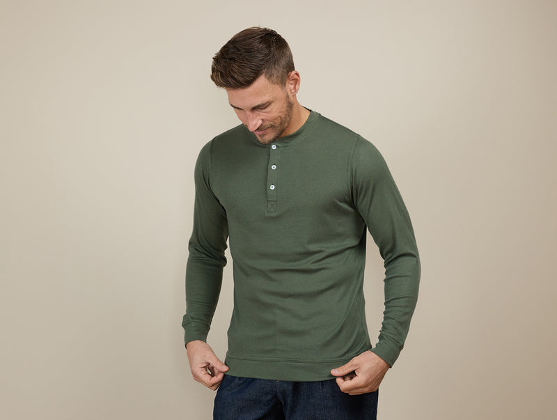 Pétrone Henley manches longues laine mérinos Tencel Vert Kaki homme