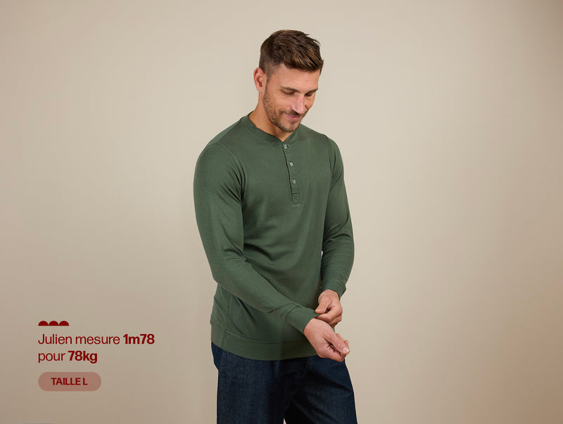 Pétrone Henley manches longues laine mérinos Tencel Vert Kaki homme