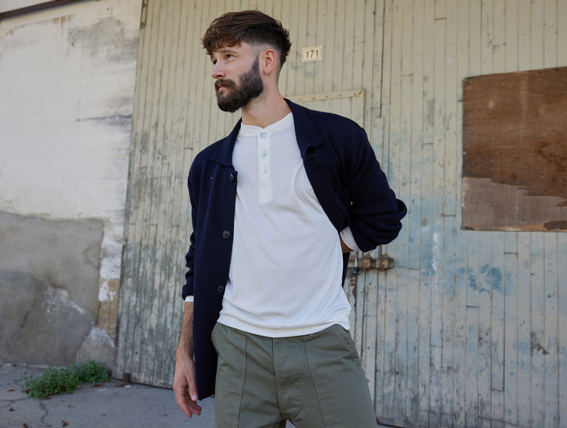 Pétrone Henley manches longues laine mérinos Tencel blanc crème homme