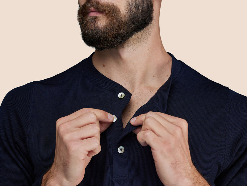 Pétrone Henley manches longues laine mérinos Tencel bleu marine homme