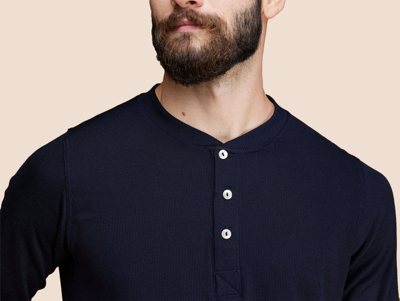 Pétrone Henley manches longues laine mérinos Tencel bleu marine homme