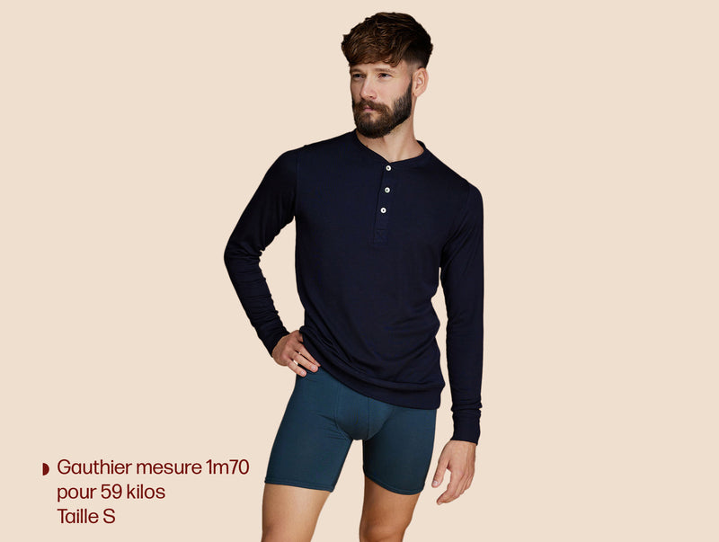 Pétrone Henley manches longues laine mérinos Tencel bleu marine homme