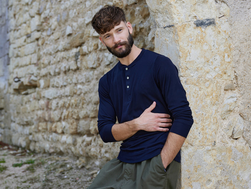 Pétrone Henley manches longues laine mérinos Tencel bleu marine homme